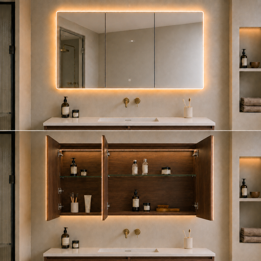 Lukka Avola PVC Triple LED Shaving Cabinet avola cabinet warm amber interior LED shelving bottles and bathroom products by Tilemall