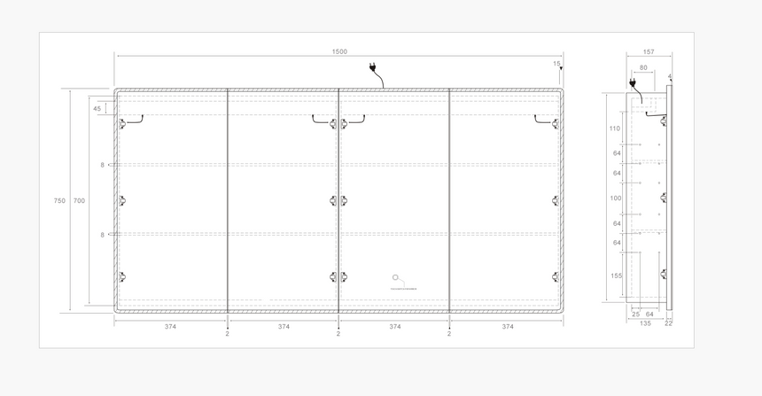 Avola PVC Triple LED Shaving Cabinet technical dimensions diagram for Lukka Avola 1500x750mm four-door LED shaving cabinet by Tilemall