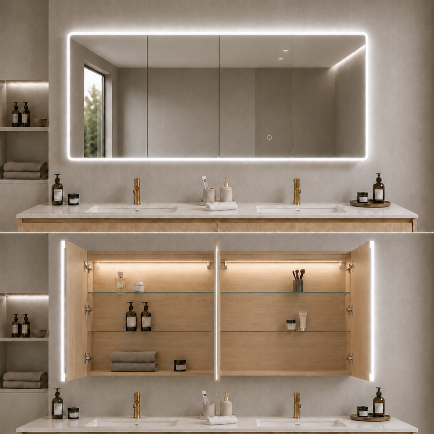 Lukka Avola PVC Triple LED Shaving Cabinet avola four-door LED shaving cabinet with warm amber LED perimeter glow closed by Tilemall