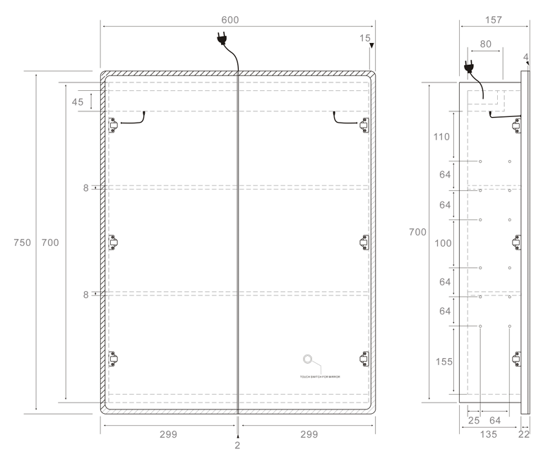 Lukka Avola PVC Triple LED Shaving Cabinet technical dimensions diagram 600x750mm for Avola two-door LED shaving cabinet by Tilemall