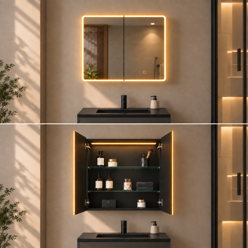 Lukka Avola PVC Triple LED Shaving Cabinet avola triple LED shaving cabinet with warm LED lighting installed above vanity by Tilemall