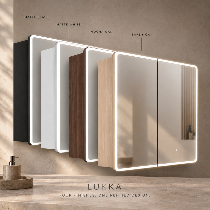 Lukka Avola PVC Triple LED Shaving Cabinet avola triple LED shaving cabinet open showing interior shelves with warm by Tilemall