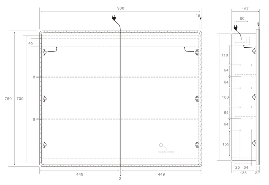 Lukka Avola PVC Triple LED Shaving Cabinet technical dimensions diagram 900x750mm for Avola triple-door LED cabinet by Tilemall