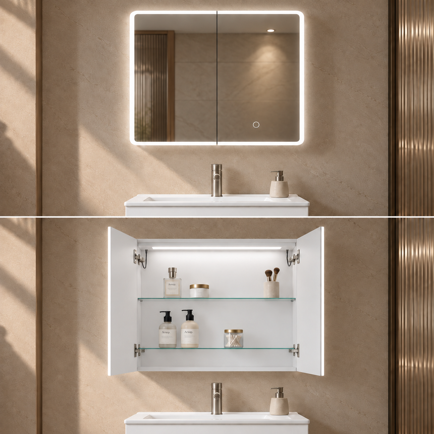 Lukka Avola PVC Triple LED Shaving Cabinet avola LED shaving cabinet cool white LED interior shelving display open by Tilemall