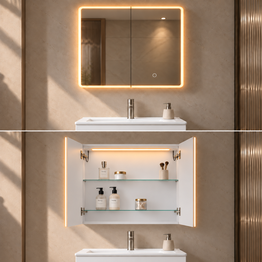 Lukka Avola PVC Triple LED Shaving Cabinet avola triple-door LED cabinet cool white LED interior three glass shelves by Tilemall
