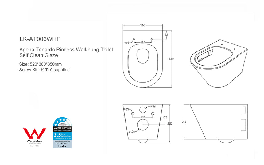 Lukka Agena Tornado 520x360x350mm rimless wall hung toilet pan technical line drawing with dimensions by Tilemall