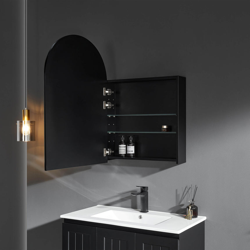 Lukka Allison shaving cabinet door open displaying three glass shelves with toiletries, white interior finish by Tilemall