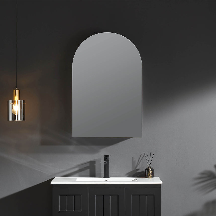 Lukka allison 600x900mm matte black shaving cabinet installed in contemporary bathroom interior above white basin by Tilemall