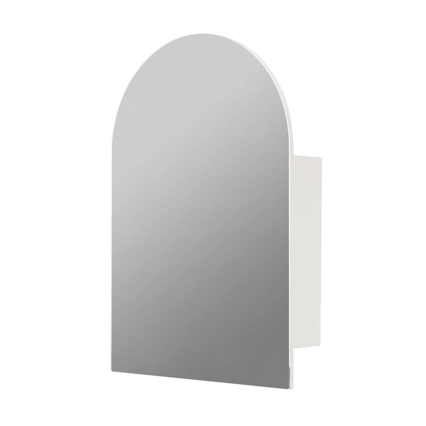 Lukka Allison shaving cabinet door open showing matte white interior and glass shelving by Tilemall