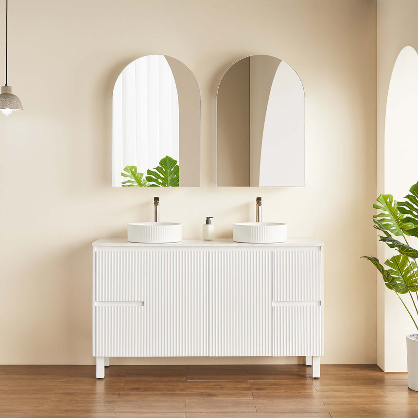 Lukka Allison Shaving Cabinet pair of Allison 600mm arched mirrors installed in modern bathroom with white vanity by Tilemall