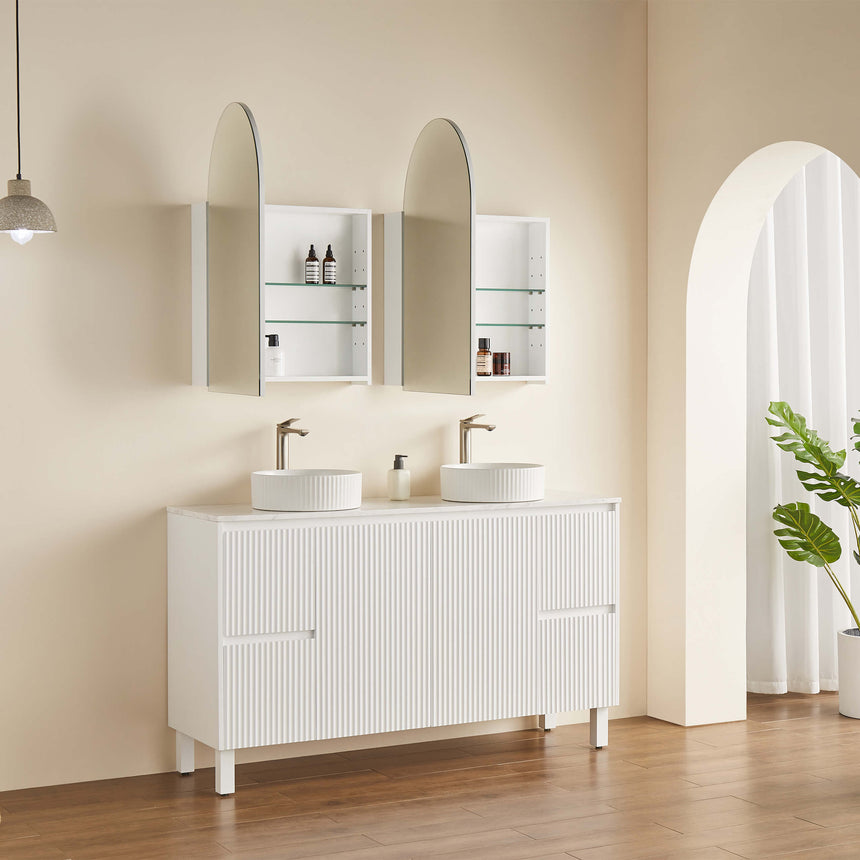 Lukka Allison Shaving Cabinet twin Allison shaving cabinets mounted above double vanity with open doors revealing glass by Tilemall