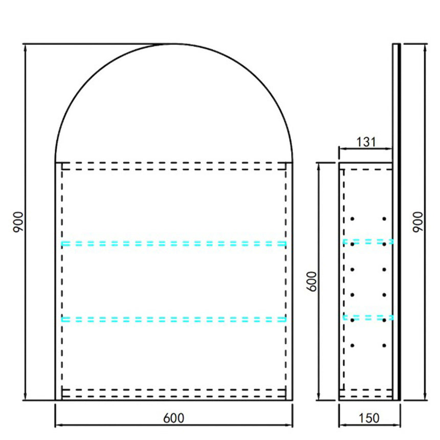 Lukka Allison Shaving Cabinet technical shelf layout diagram for Allison 600mm cabinet showing adjustable shelf positions by Tilemall
