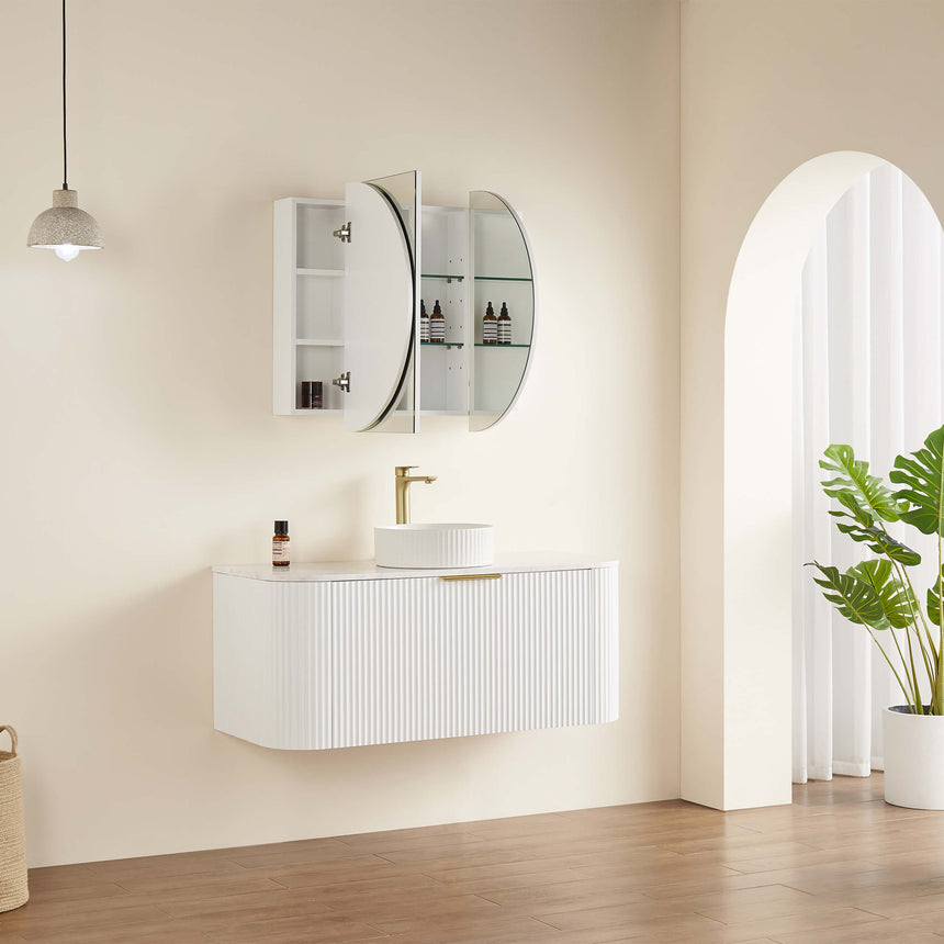 Lukka Allison 900mm shaving cabinet open doors revealing dual curved glass shelves and storage by Tilemall