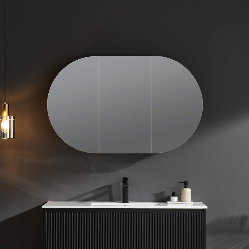 Lukka Allison 900mm shaving cabinet in dark grey finish with three-door curved design by Tilemall