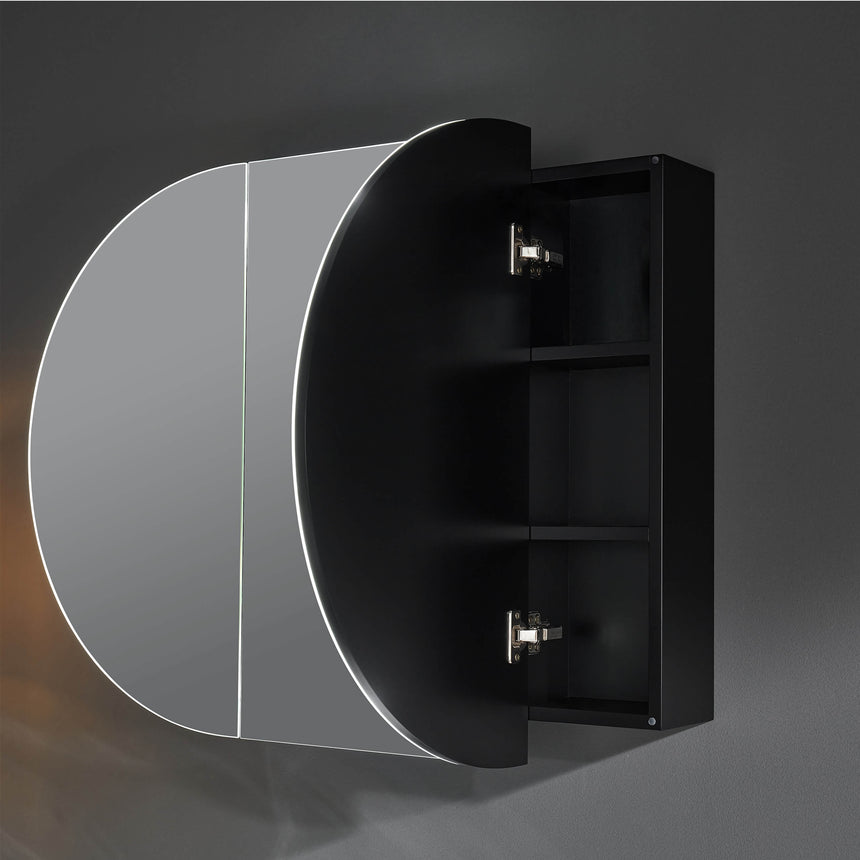 Lukka allison three-door shaving cabinet open showing internal shelving and mirrored doors by Tilemall