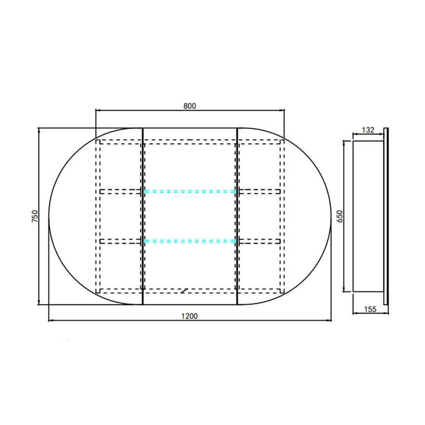 Technical dimensions diagram for Lukka Allison 800x750mm shaving cabinet by Tilemall