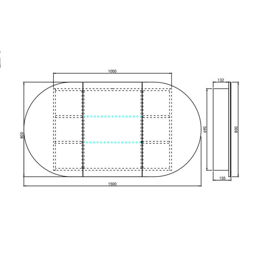 Technical dimensions diagram for Lukka Allison 1500mm shaving cabinet, showing 1000mm internal width, 800mm height, 155mm by Tilemall