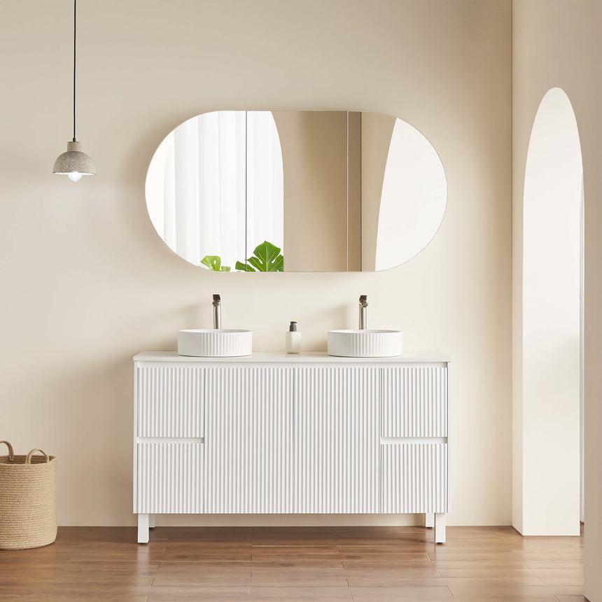 Lukka Allison 800mm shaving cabinet installed in bathroom interior above white vanity by Tilemall