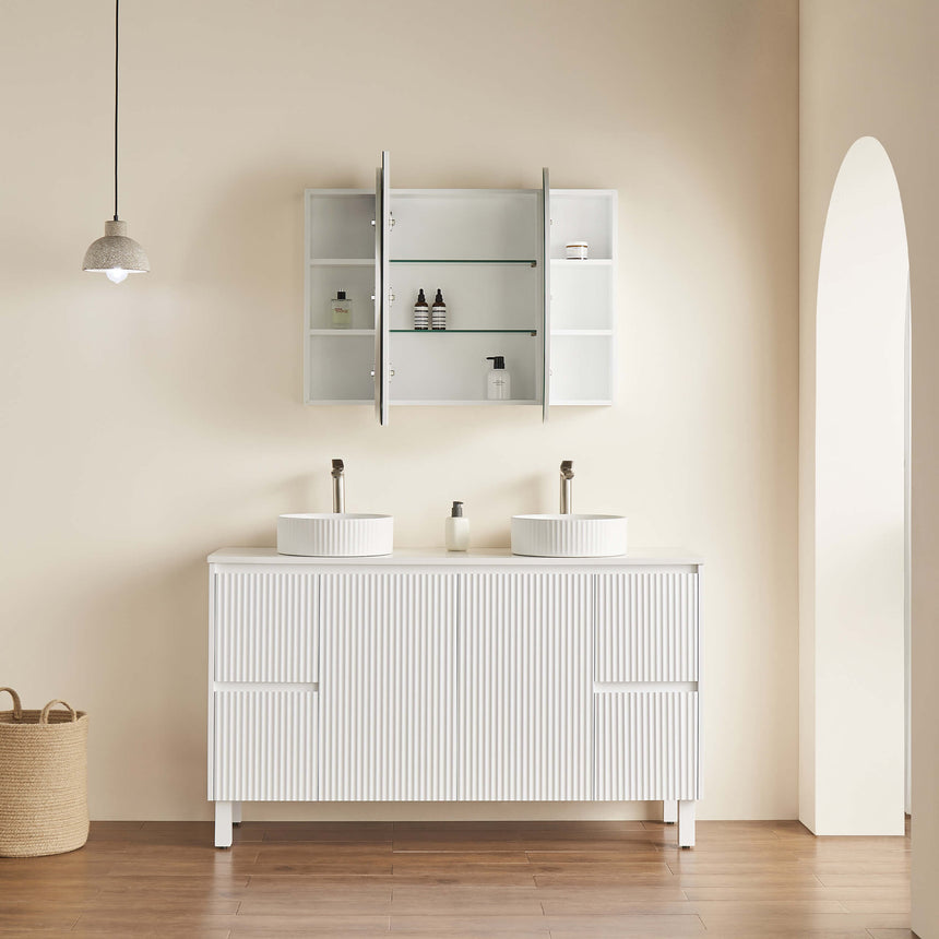 Lukka Allison shaving cabinet open showing three-shelf storage with glass shelves by Tilemall