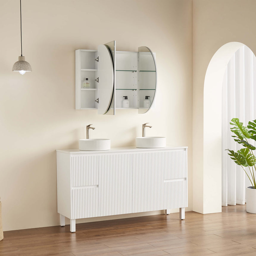 Lukka Allison shaving cabinet installed above white vanity with curved door handles by Tilemall