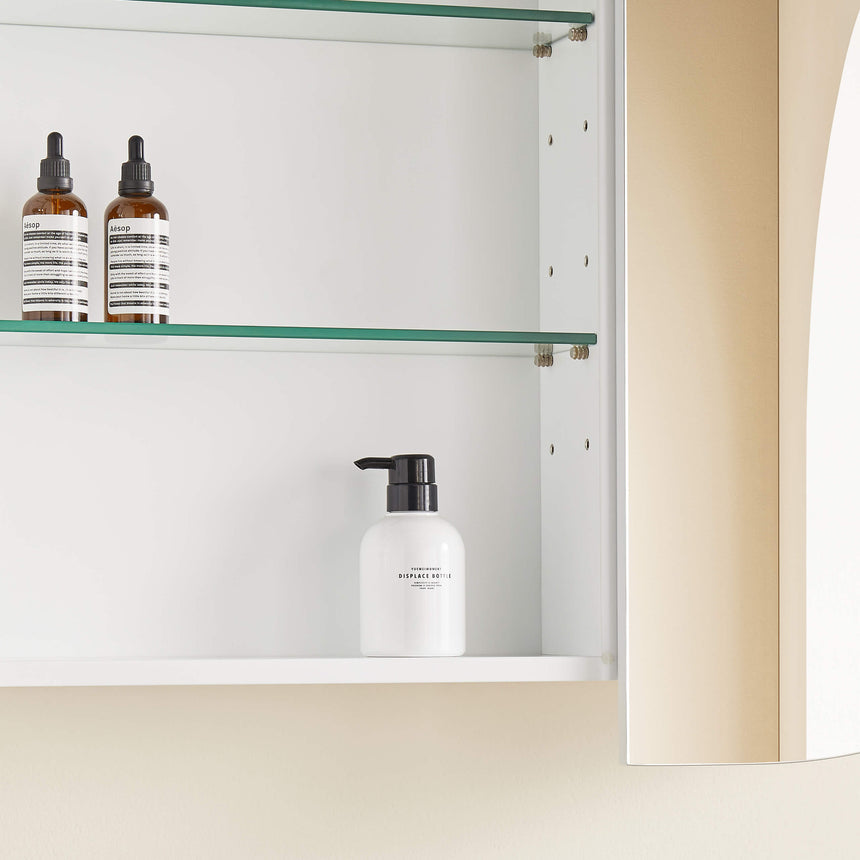 Close-up of Lukka Allison shaving cabinet interior shelving with glass shelf supports by Tilemall