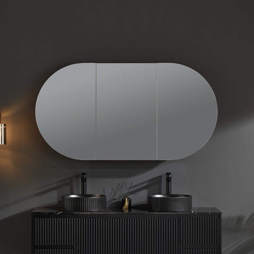 Lukka Allison 800mm shaving cabinet matte white three-door design in modern bathroom by Tilemall