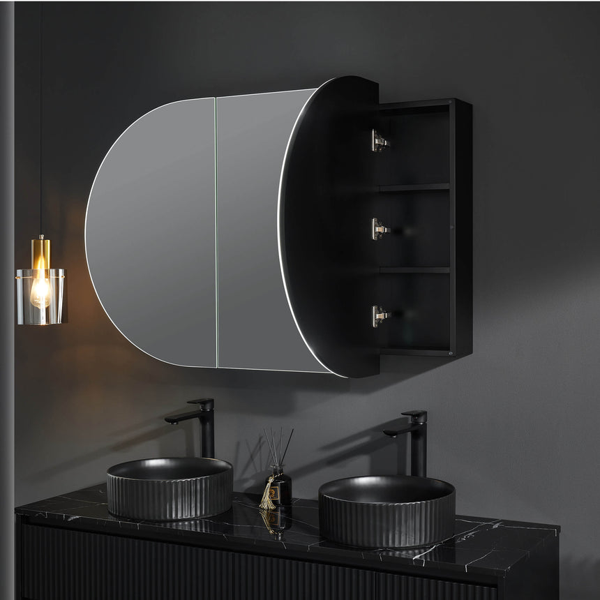 Lukka Allison shaving cabinet, 1500mm wide, matte white curved mirrored doors with three-door storage, open view showing by Tilemall
