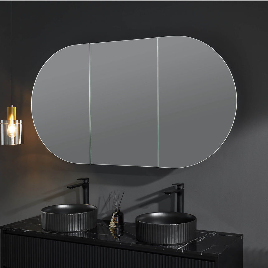 Lukka Allison 1500mm shaving cabinet closed, matte white curved mirrored doors with three-door configuration by Tilemall