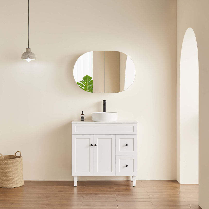 Lukka Allison Shaving Cabinet allison oval mirror cabinet installed in neutral bathroom with white vanity by Tilemall