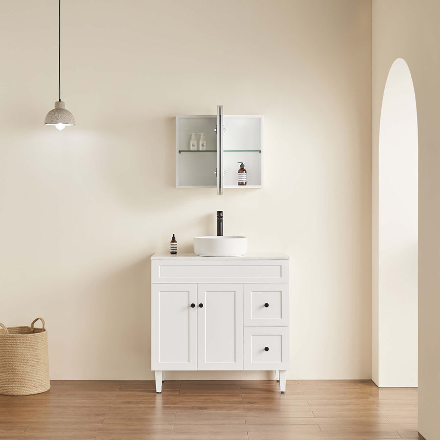 Lukka Allison shaving cabinet 900mm gloss white three-door by Tilemall in bathroom interior