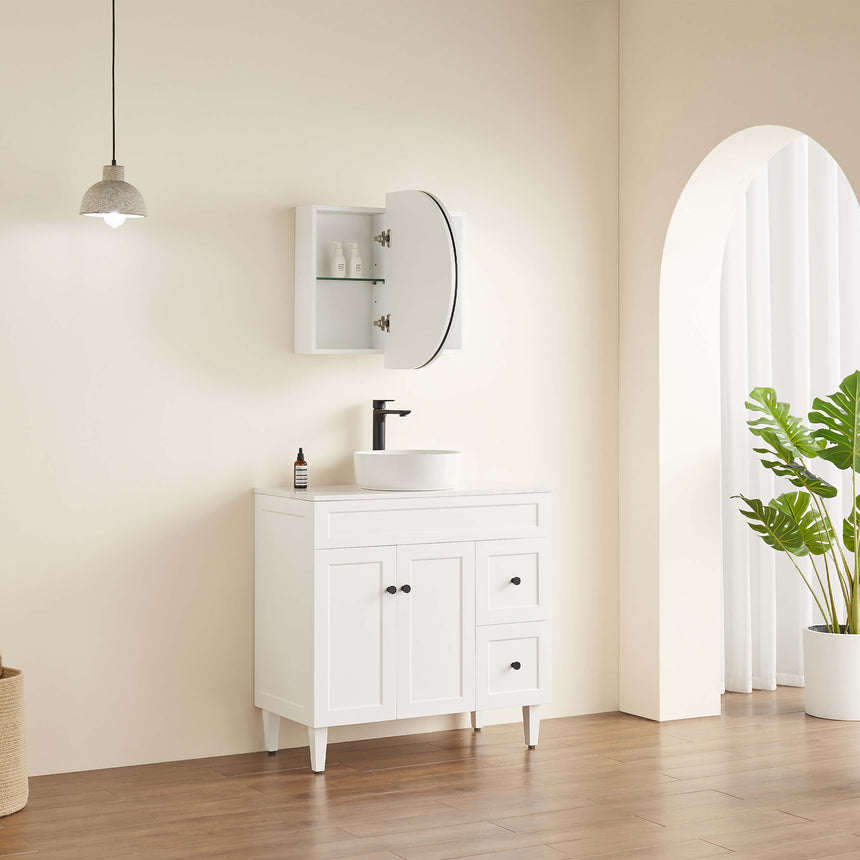 Lukka Allison 900mm gloss white wall-hung shaving cabinet by Tilemall with curved mirror door