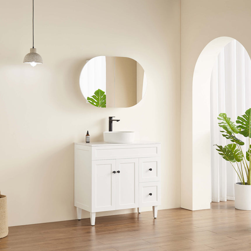 Lukka Allison shaving cabinet 900mm white curved door open showing interior shelving by Tilemall