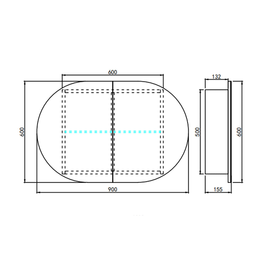 Technical dimensions diagram for Lukka Allison 900mm shaving cabinet, 600mm width, 500mm depth by Tilemall