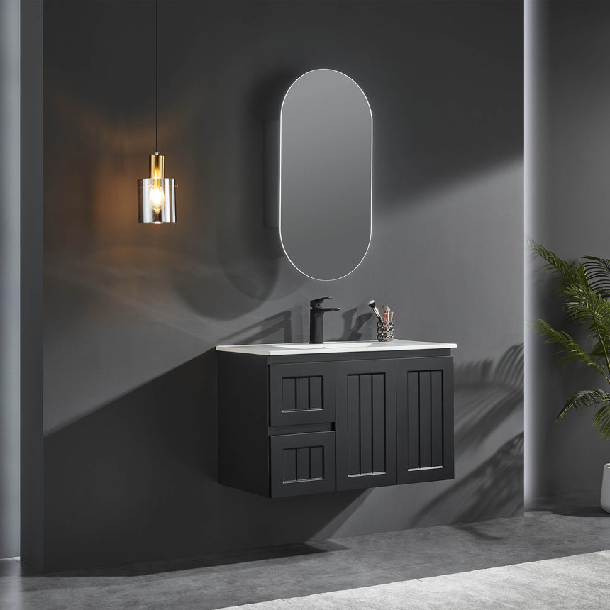Lukka Allison Shaving Cabinet allison cabinet lifestyle scene in ensuite with black tap and mirror reflection by Tilemall