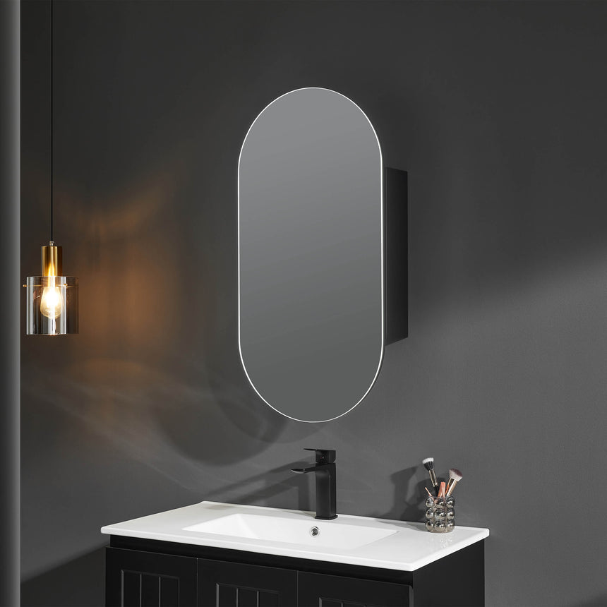 Lukka Allison shaving cabinet installed in modern bathroom interior above black vanity by Tilemall