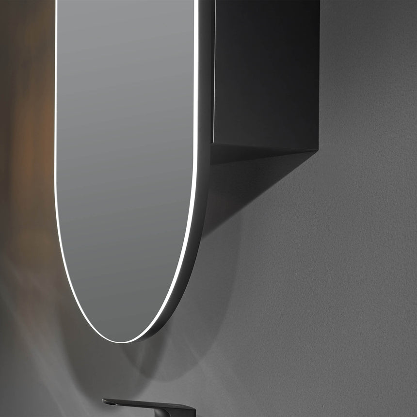 Lukka Allison Shaving Cabinet close-up of Allison cabinet edge showing LED mirror lighting and wall mounting by Tilemall