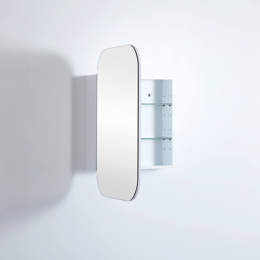 Lukka Allison shaving cabinet open door revealing three glass shelves and white interior by Tilemall