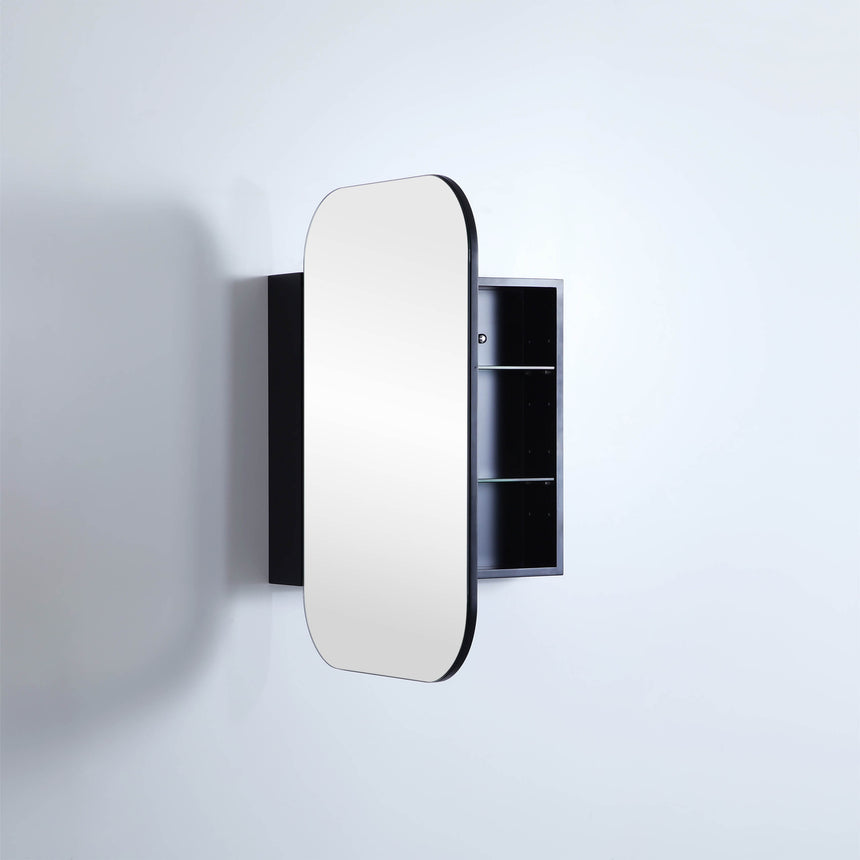 Lukka Allison matte black shaving cabinet 400x900mm with three glass shelves visible by Tilemall