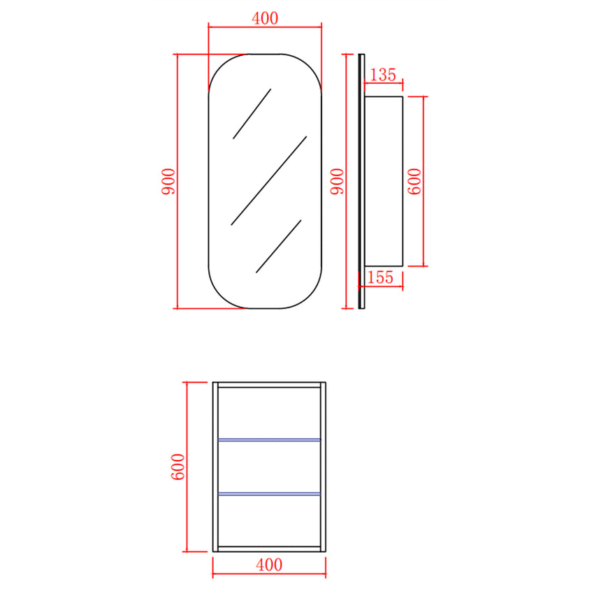 Technical dimensions diagram for Lukka Allison 400x900mm shaving cabinet by Tilemall