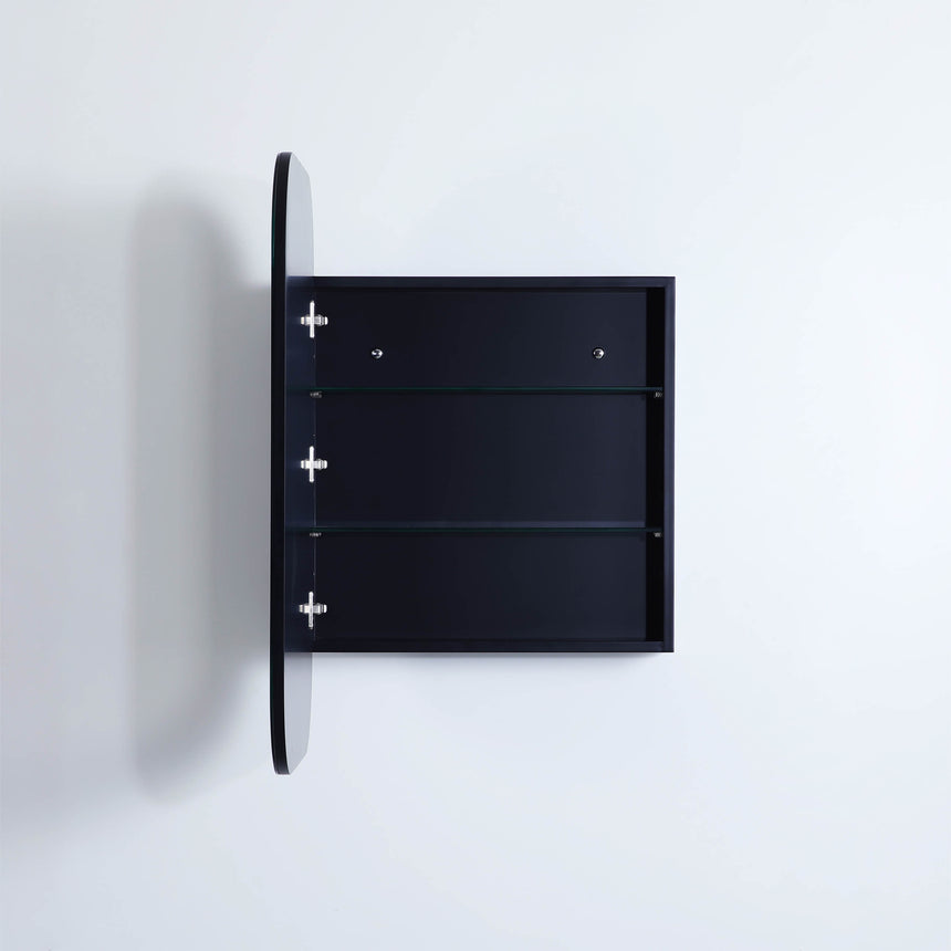 Lukka Allison 600mm three-door matte black shaving cabinet by Tilemall with white handles and glass shelves