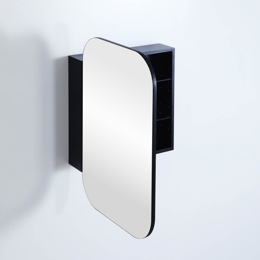 Lukka Allison matte black shaving cabinet installed showing curved mirror door design by Tilemall