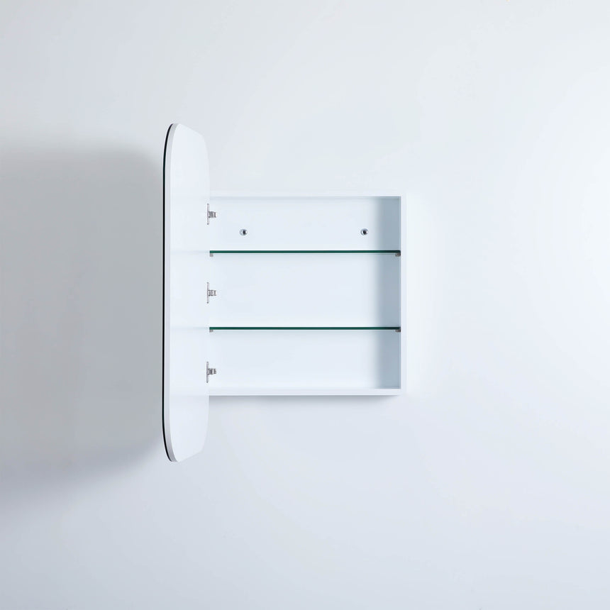 Lukka Allison matte white shaving cabinet open door with glass shelves and hinges by Tilemall