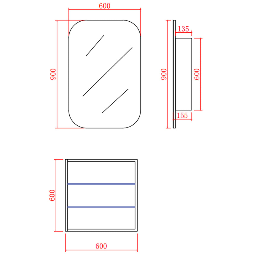 Technical dimensions diagram for Lukka Allison 600x900mm shaving cabinet showing shelf spacing and depth by Tilemall