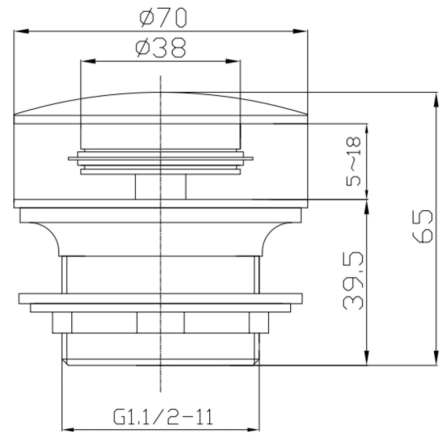 Technical specification diagram of Lukka 40mm pop-up waste showing 70mm cap diameter, 38mm internal bore by Tilemall