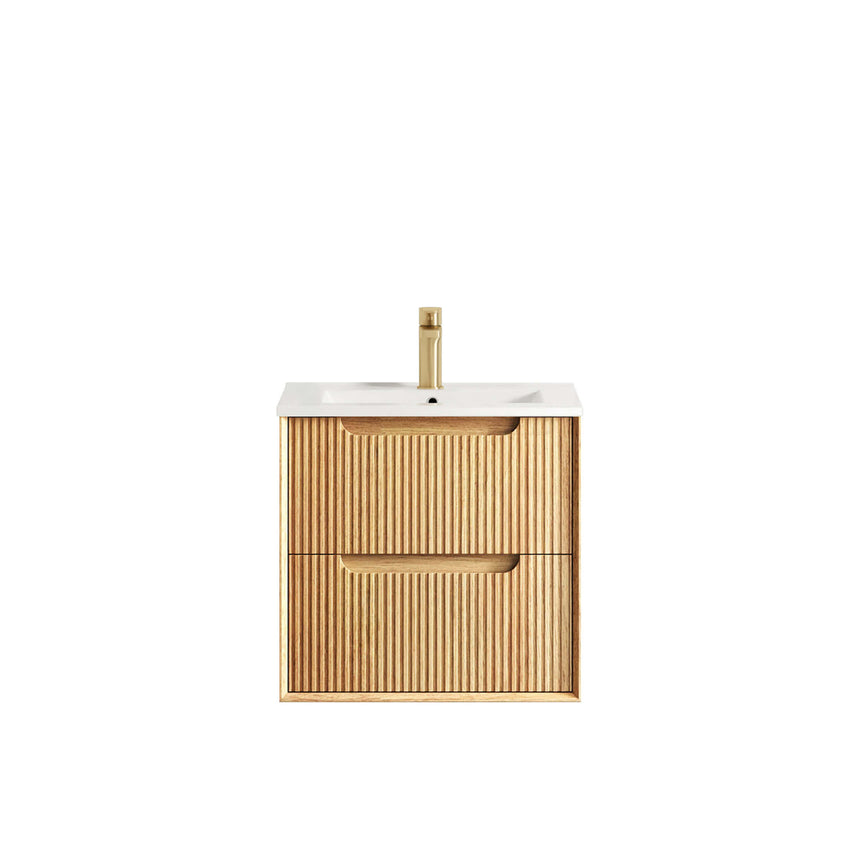Byron Fluted Woodland Oak Wall Hung Ceramic Top Single Basin Vanity Vanity Otti Australia 600mm