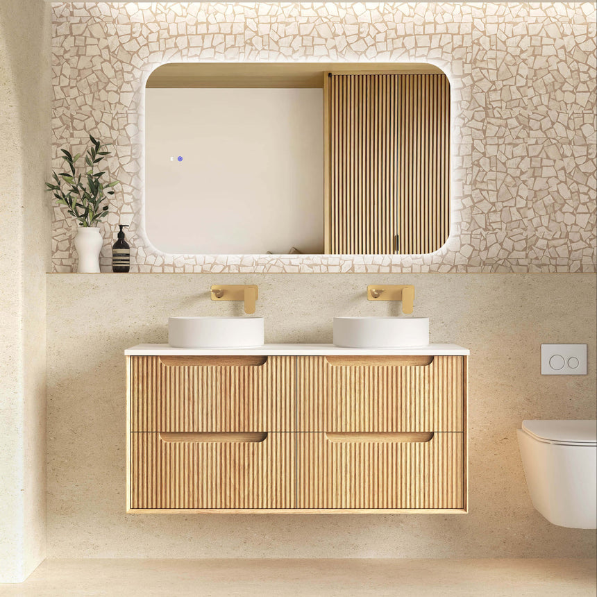 Byron Fluted Woodland Oak Wall Hung Double Basin Vanity Vanity Otti Australia 1200mm Solid Surface Cloudy Carrara-20mm Above Counter