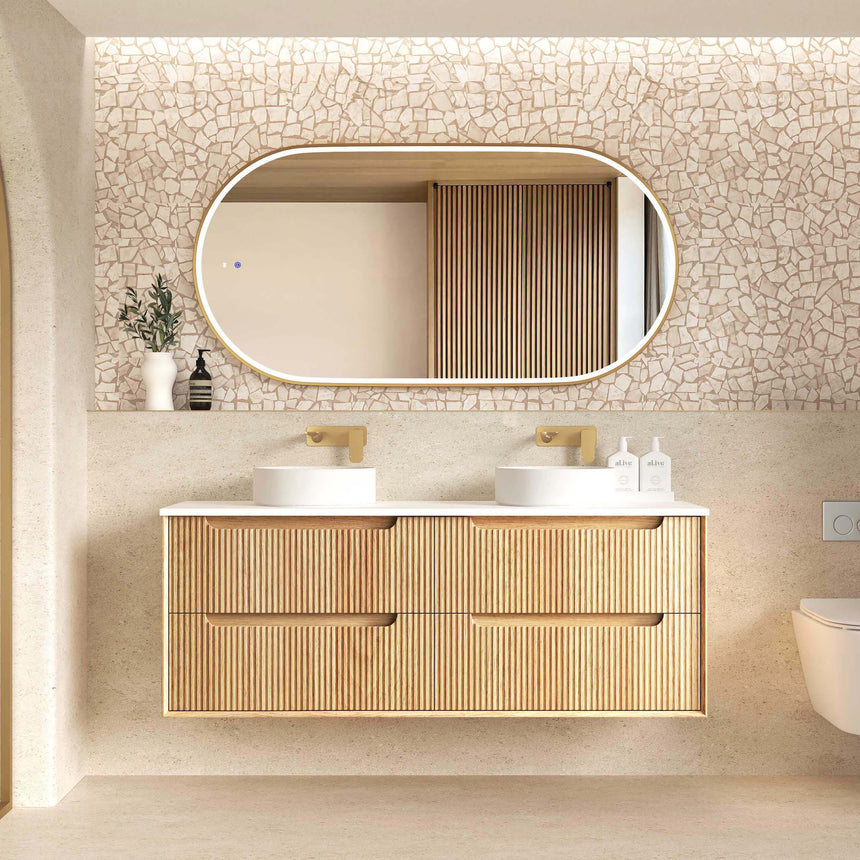 Byron Fluted Woodland Oak Wall Hung Double Basin Vanity Vanity Otti Australia 1500mm Solid Surface Cloudy Carrara-20mm Above Counter