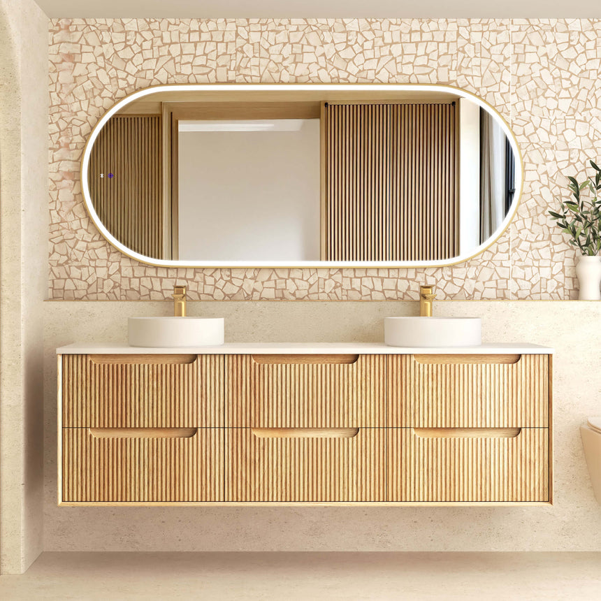 Byron Fluted Woodland Oak Wall Hung Double Basin Vanity Vanity Otti Australia 1800mm Solid Surface Cloudy Carrara-20mm Above Counter