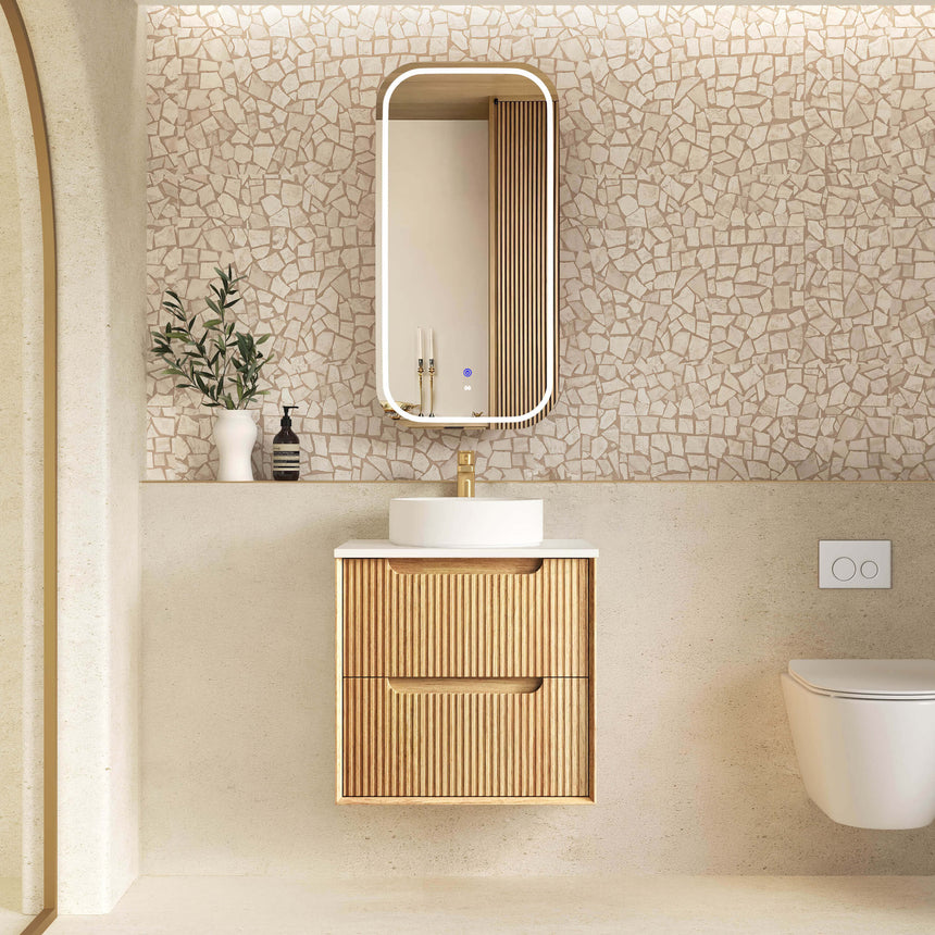 Byron Fluted Woodland Oak Wall Hung Single Basin Vanity Vanity Otti Australia 600mm Solid Surface Cloudy Carrara-20mm Above Counter