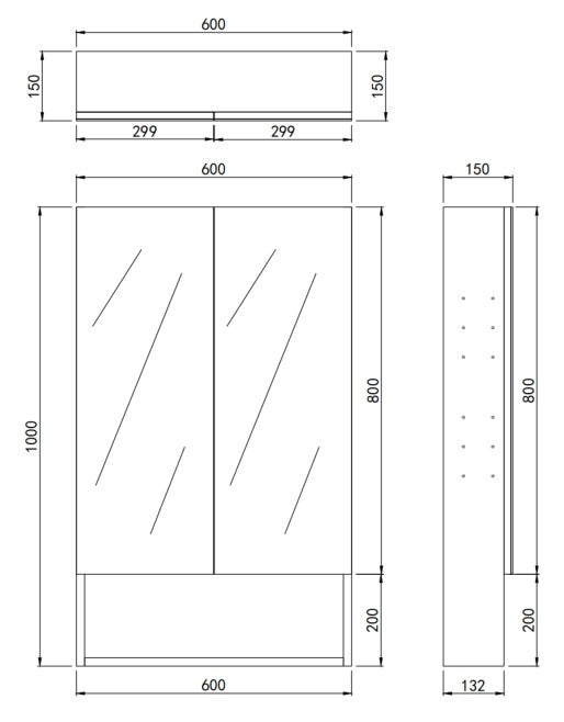 Lukka technical dimensions diagram for Clark Plywood 600mm shaving cabinet showing 1000mm height and shelf spacing by Tilemall